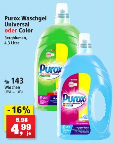 [Thomas Philipps] PUROX COLOR oder UNIVERSAL (143 WL / 0,03€ pro WL) Waschmittel/Waschgel in HDPE 4,3l