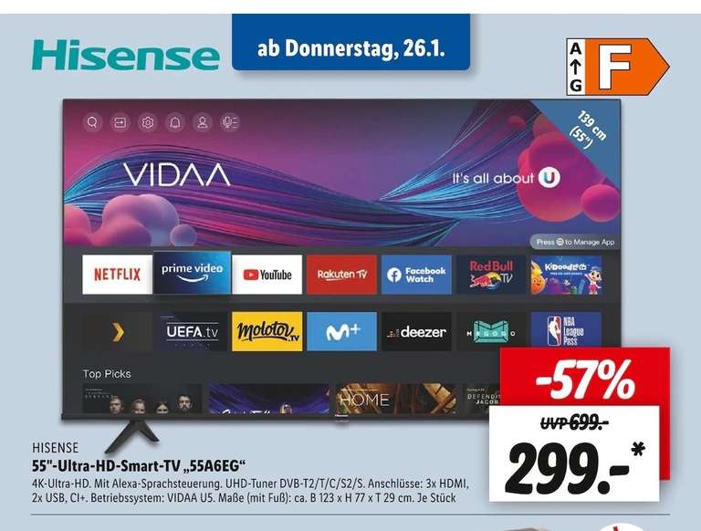 [Lidl lokal Gütersloh?!] Hisense 55A6EG 55zoll Fernseher 299,00