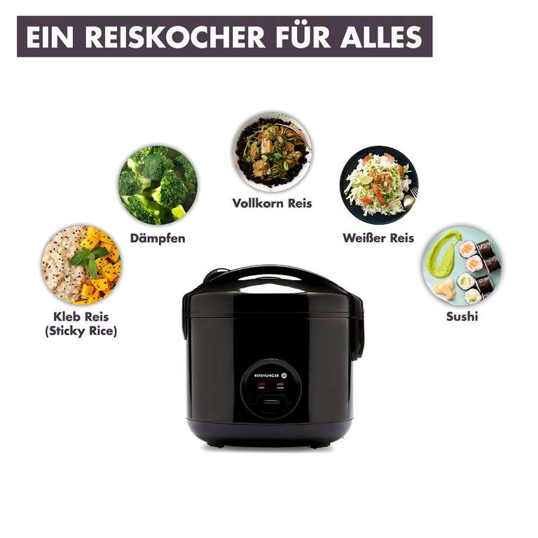Reishunger Reiskocher schwarz und weiß / 500W / 1,2 Liter / für bis zu 6 Personen / Warmhaltefunktion / Dämpfeinsatz