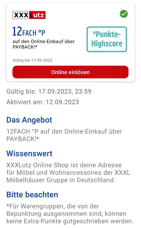 XXXLUTZ 12Fach Payback Punkte (6% Cashback) auf den Online Einkauf über Payback bis zum 17.09 eventuell personalisiert