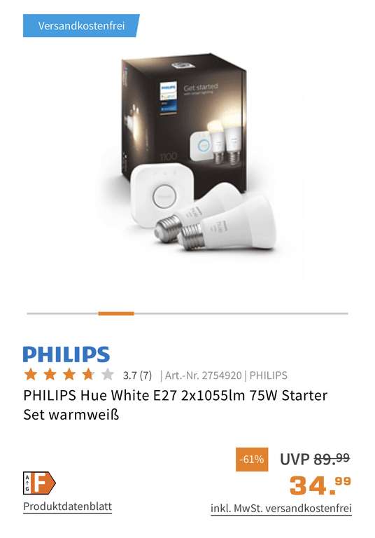PHILIPS Hue White E27 2x1055lm 75W Starter Set warmweiß