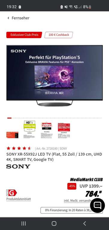 SONY XR-55X92J LED TV (Flat, 55 Zoll / 139 cm, UHD 4K, SMART TV, Google TV) (Clubmitglieder)