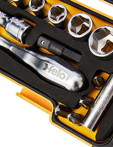 Felo Werkzeugsatz XS 18 1/4' mit Miniratsche, Bits, Steckschlüsseleinsätzen und Zubehör, 18-tlg (Prime)