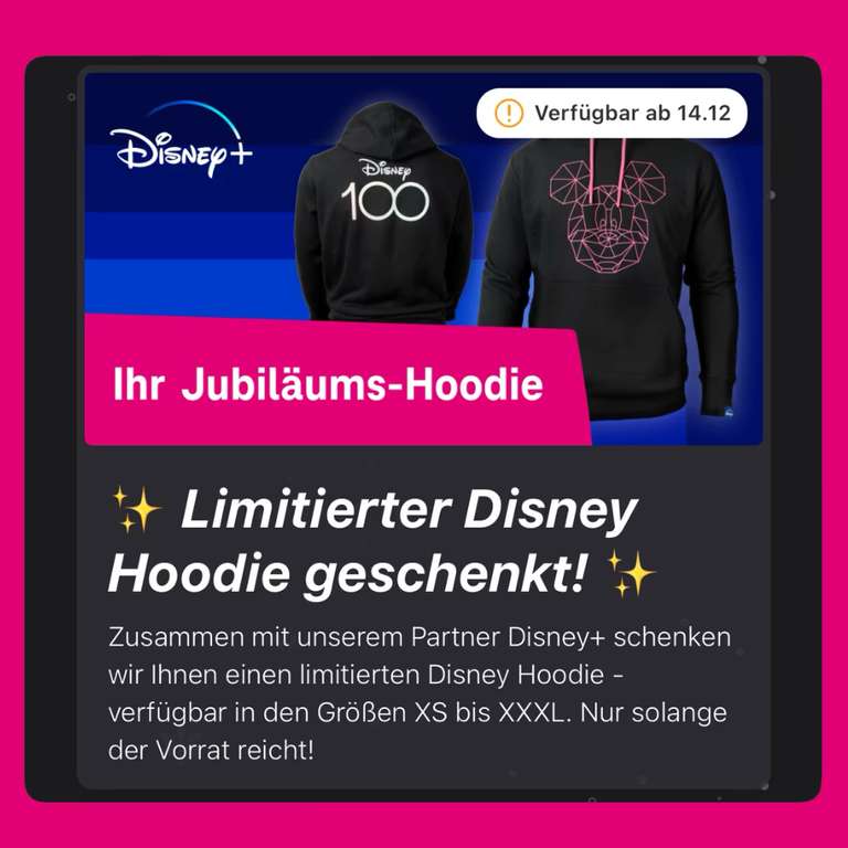 [Telekom Magenta Moments] Limitierter Disney Hoodie kostenlos | Ab 14.12. um 10 Uhr | ACHTUNG: ES GIBT KEINE CODES ZUM TAUSCHEN