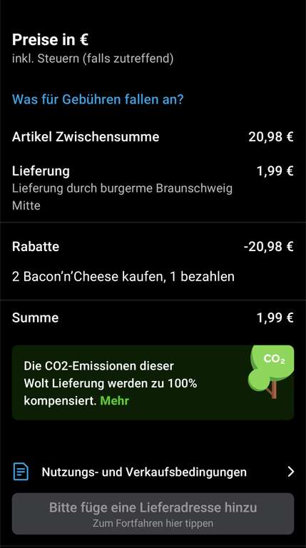 2 Bacon'n'Cheese Burger kostenlos bei Burgerme WOLT - Preisfehler