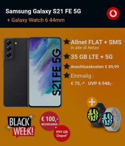 Samsung Galaxy S21 FE 5G mit Vodafone Allnet Flat 35 GB LTE / 5G + 999GB Depot + Samsung Watch 6 ÷ 100 Euro Bonus bei Rufnummermitnahme