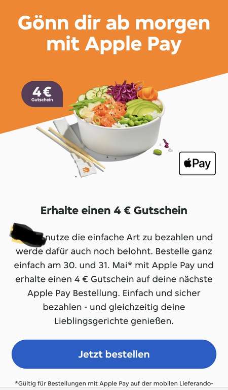 Lieferando Deal*Apple Pay nutzen und 4€ Lieferando Gutschein erhalten*