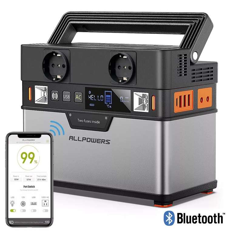 Allpowers S300 Powerstation (300W Ausgangsleistung, 288Wh Kapazität, 2x 230V, 3x 12V, 3x USB-A, USB-C 60W PD, Licht, Bluetooth, App)