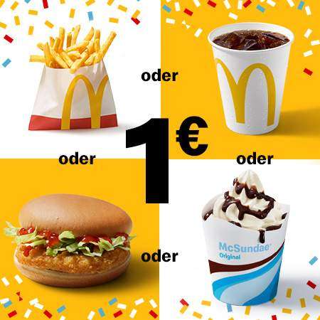 McDonald´s: 1 Cheeseburger, 1 Chickenburger, 1 Milchshake 0,25 l, 1 Café Small, 1 heiße Apfeltasche oder 1 kl. Pommes für je 1€ (Bundesweit)