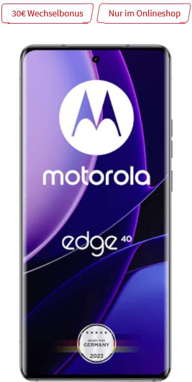 Telefonica Netz: Motorola Edge40 256GB im Allnet/SMS Flat 10GB LTE für 19,99€/Monat, 39,99€ Zuzahlung, 30€ Wechselbonus