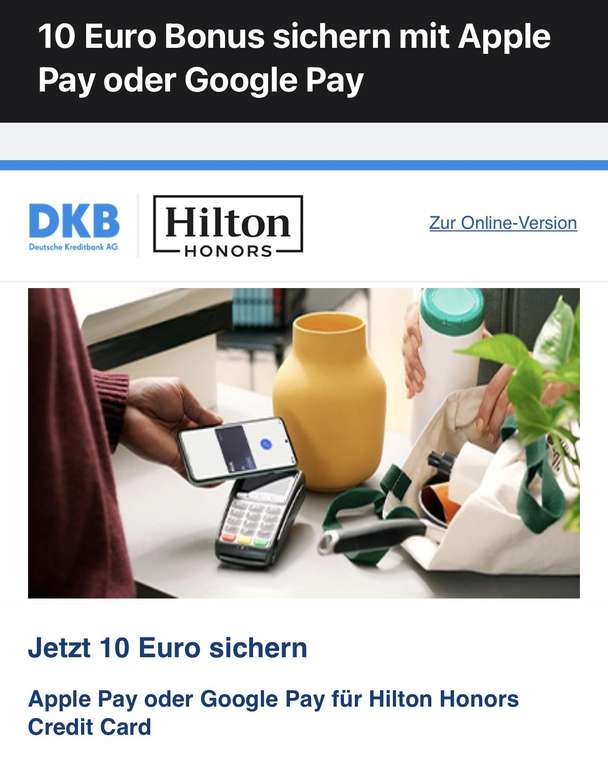 DKB Hilton Honors KK - 10 Euro Bonus mit Apple Pay oder Google Pay nach 3 Einkäufen