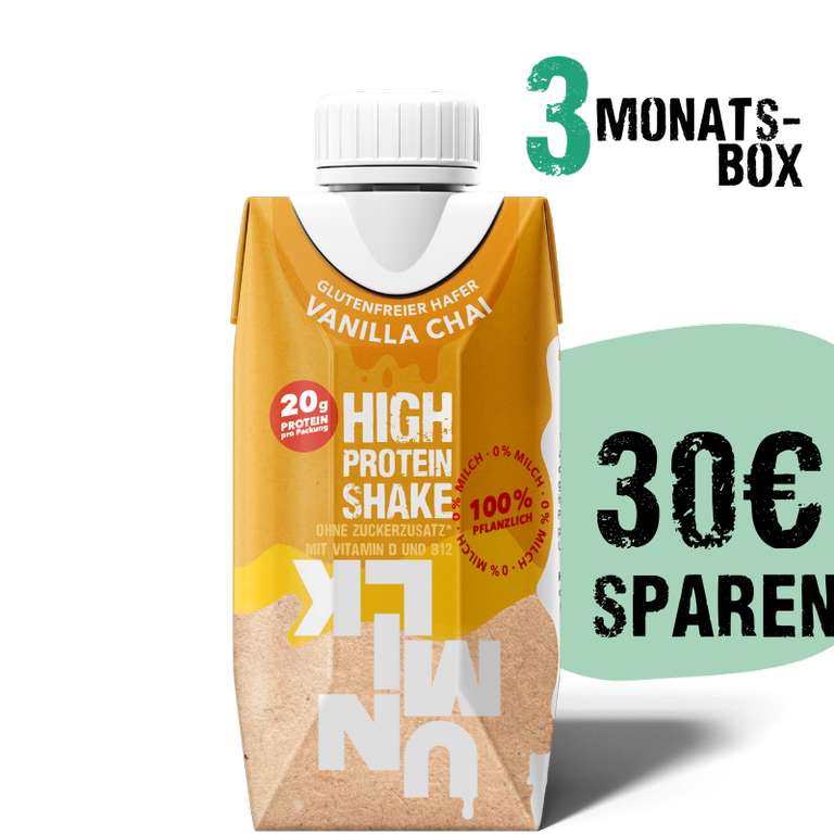 (unmilk) 10% plus bis zu 30€ auf Protein Shake Vanille Chai Unmilk (3 Monats-Box)
