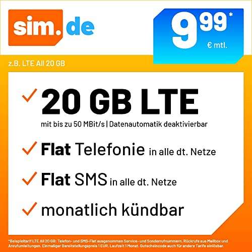 [Amazon] Sim.de 20GB LTE+Allnet+SMS-Flat+VoLTE&WLAN Call für 9,99€/ mtl kündbar / nur 6,52€ Anschlussgebühr