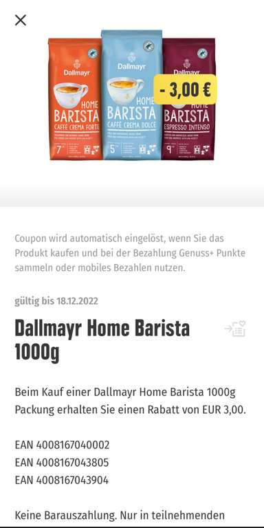 [Edeka / Marktkauf bundesweit] Dallmayr Home Barista versch. Sorten für 3,77€/kg oder sonst 6,77€/kg (Angebot + Edeka App + Coupon)