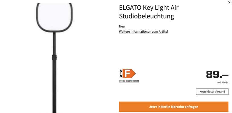 [Lokal Berlin Marzahn] Elgato Key Light Air Studiobeleuchtung - Fundgrube - Online Bestellung möglich