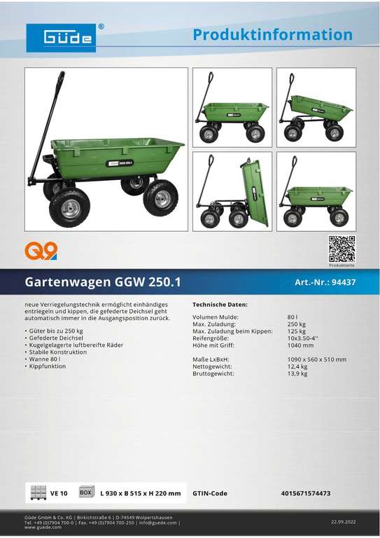 250.1, l Wanne 80 Gartenwagen kippbar, Güde / GGW kg, 250 Handwagen, | mydealz