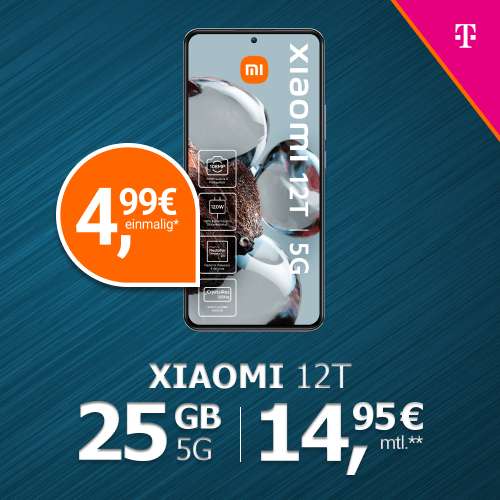 [Young + MagentaEINS] Xiaomi 12T 256 GB mit Telekom Mobil S 25 GB 5G + Allnet-Flat inkl. Schweiz & UK für 14,95€ mtl. + 4,99€ ZZ