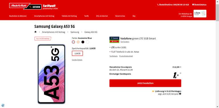 Samsung A53 5 G für 1€ einmalig und 12,99€ Monatlich
