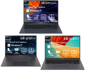 LG gram Laptops: SuperSlim (15.6", OLED, i7-1360P, 16GB/1TB, 2x TB4, 60Wh, 990g) | gram 16 (2023) - 879,12€ | gram 17 (2023) - ab 923,12€