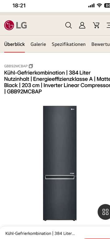 Kühl-Gefrierkombination | 384 Liter Nutzinhalt | Energieeffizienzklasse A | Matte Black | 203 cm | Inverter Linear Compressor | GBB92MCBAP