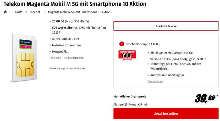 Telekom Magenta Mobil M 5G mit Smartphone 10 Aktion | 650€ Bonus | 20 GB | Allnet Flat | eff. 14,75€ mtl.