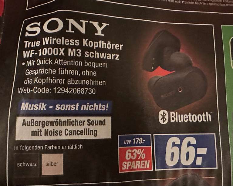 [Lokal]Sony WF-1000X M3 True Wireless Kopfhörer schwarz und Silber