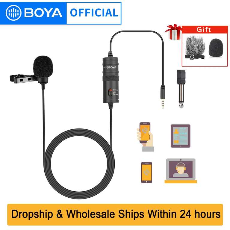 BOYA B1-M1 Lavalier-Mikrofon (Kondensator, Kugelcharakteristik, 3.5mm oder 6.5mm Klinke, Betrieb mit Kameras oder Smartphones, 6m Kabel)