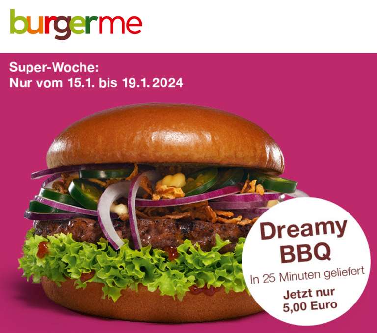 Burgerme Super-Wochen: Dreamy BBQ Burger für nur 5€, MBW: 8,99€