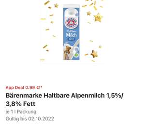 Rewe App Bärenmarke Haltbare Alpenmilch 1,5/3,8 Fett 0,99 Cent