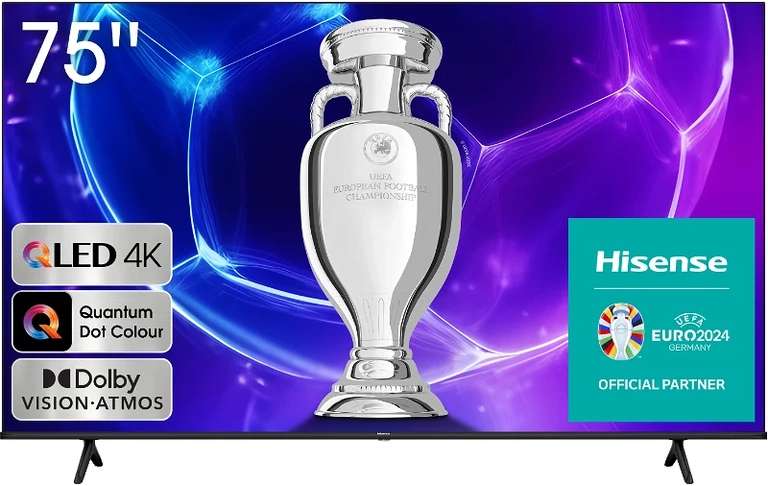 Hisense 75E7KQ QLED Smart TV 189 cm (75 Zoll), 4K, HDR10, HDR10+ decoding, HLG, Dolby Vision, DTS Virtual, 60Hz Panel, 671,02 Euro