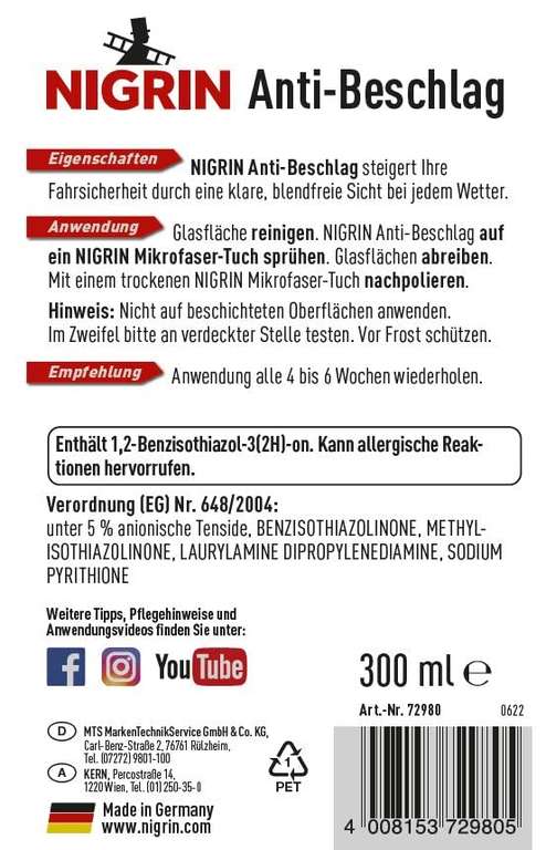 NIGRIN Anti-Beschlag Pumpzerstäuber 300 ml für 3€ (Prime/ATU Abholung)