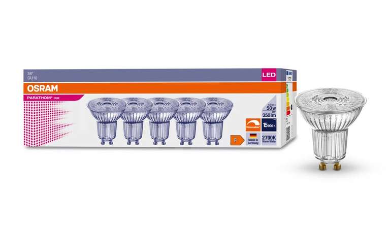 5er Pack Osram LED Strahler GU10 Warmweiß Dimmbar Ra90 Spot 2700K 4,5W wie 50W Made n Germany
