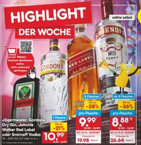 [Netto MD] Jägermeister, Gordons Dry Gin, Johnnie Walker Red Label oder Smirnoff Vodka / 3 Flaschen für 26,64€ - pro Flasche 8,88€
