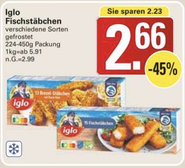 [EDEKA & Co.] IGLO Fischstäbchen div Sorten (ab 5,91€/kg)