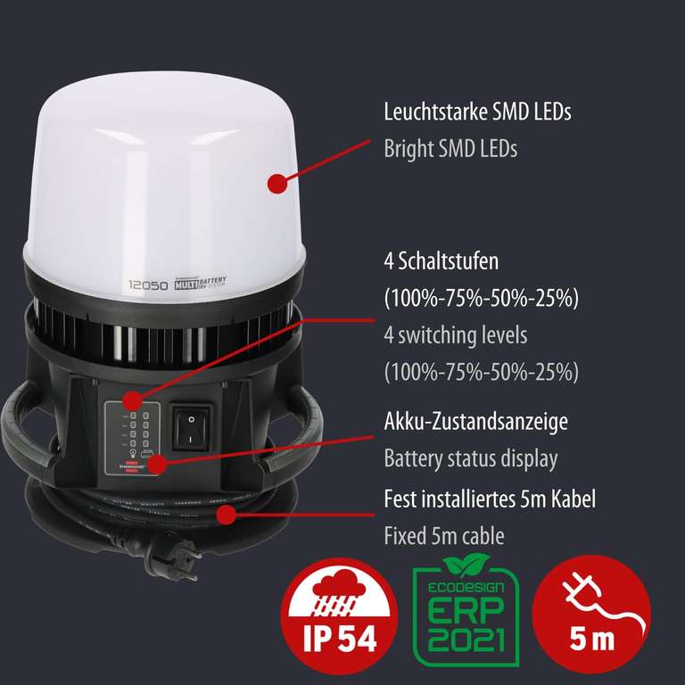 [Prime] Brennenstuhl Multi Battery LED 360° Hybrid Baustrahler 12050 MH (12000lm, IP54, LED, 5m RN-Kabel, ohne Akku))