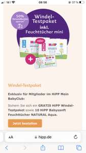 ( HiPP Mein BabyClub) Aktion: Windel-Testpaket inklusive Feuchttücher und 50% Rabatt auf die Versandkosten