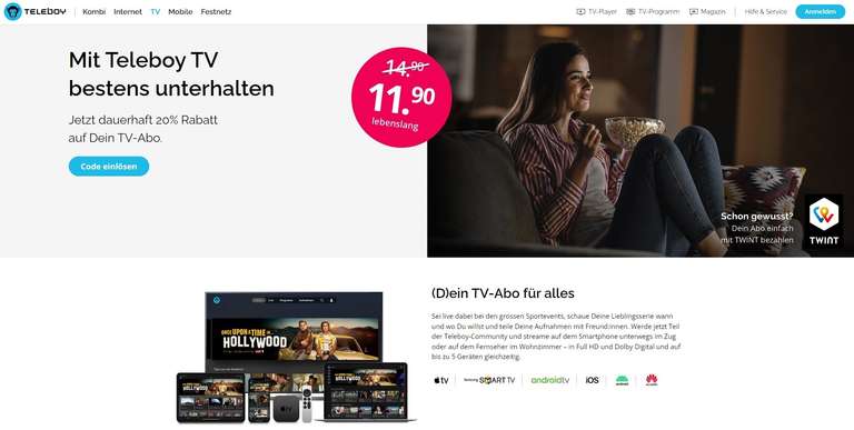 Teleboy CH TV Lifetime 20% off (mit Schweizer IP)