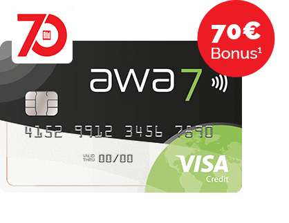 [awa7 Visa Kreditkarte] 70€ Bonus + 0€ Jahresgebühr ohne Mindestumsatz