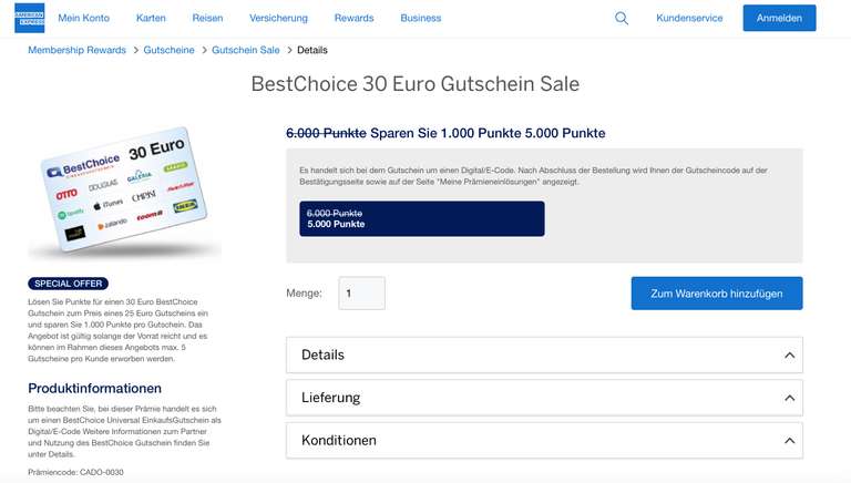 AmEx Membership Rewards Punkte BestChoice (inkl. Amazon) Gutschein 30€ für 5000 Punkte