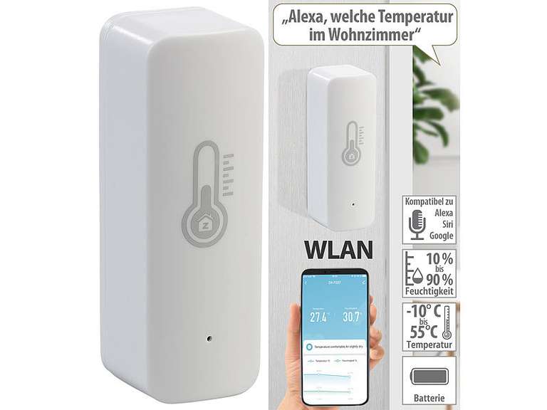 WLAN-Temperatur- & Luftfeuchtigkeits-Sensor mit App & Sprachsteuerung