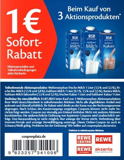 Rewe | 3x Weihenstephan haltbare Milch 1l für effektiv 0,86 €/Packung durch Coupon