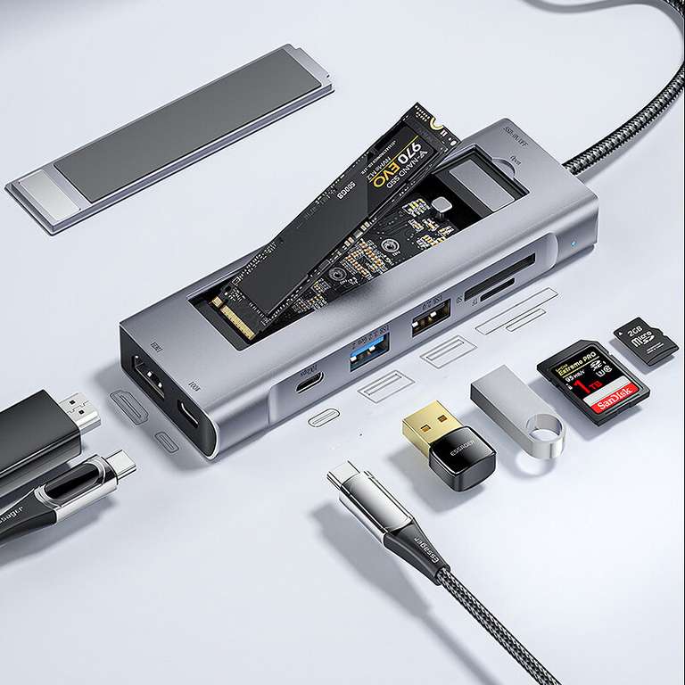 Essager 8-in-1 USB-C-Hub mit SSD-Slot (USB-C 100W PD, USB-C 10Gbit/s, USB-A 2.0, HDMI 1.4, SD, microSD, M.2 2280 NVMe oder SATA)