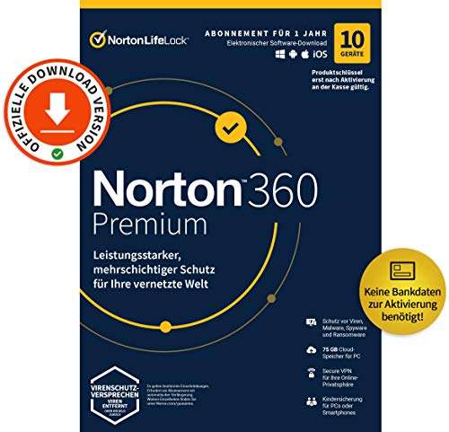 Norton 360 Premium 2022 | 10 Geräte | Antivirus | Unlimited Secure VPN & Passwort-Manager | 1 Jahr | PC/Mac/Android/iOS | Aktivi. per Email