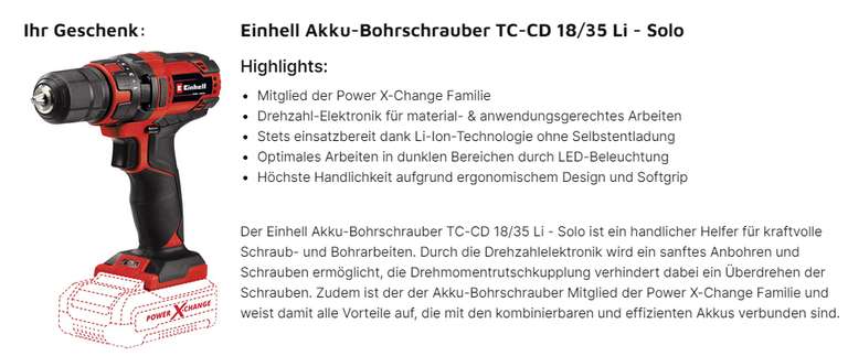 Voelkner - für 59€ Einhell Prdukte kaufen und Einhell Akkuschrauber TC-CD 18/35 Li kostenlos dazu erhalten