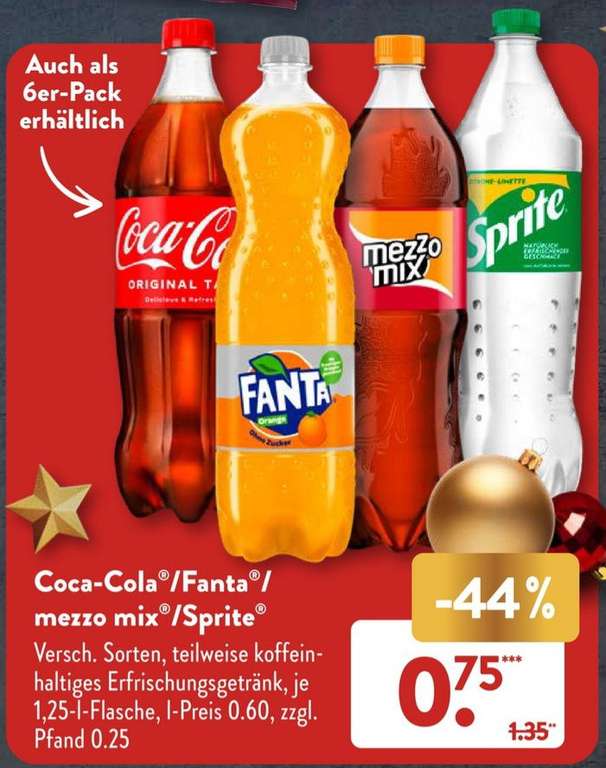 Aldi Süd&Nord/Lidl: 1,25l Flasche Coca-Cola, Fanta, Mezzo-Mix oder Sprite ab 12.12.22 zum Top Preis, Liter =60Cent