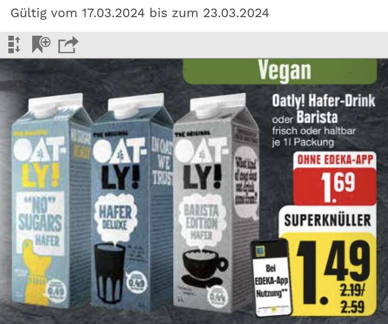 [Lokal | EDEKA App] Oatly Haferdrink + gratis Mehl ab 15€ MEW