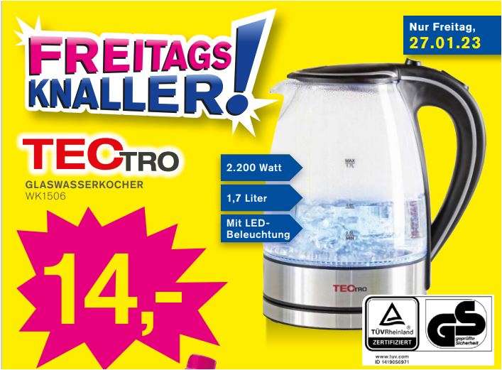 TecTro Glaswasserkocher WK 1506, 1,7 Liter, 2200 W für 14 Euro (am 27.01.) [Kodi Filiale]