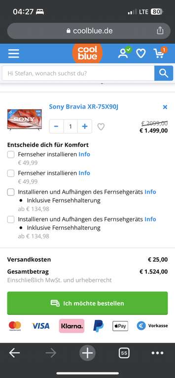 Sony Bravia XR-75X90J (75 Zoll) - Versand nur in NRW