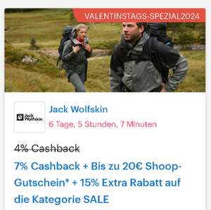 [Jack Wolfskin + Shoop] 7% Cashback + Bis zu 20€ Shoop-Gutschein* + 15% Extra Rabatt auf die Kategorie SALE