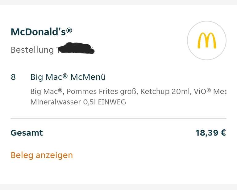 [Lokal Würzburg Marktplatz] Preisfehler Lieferando McDonalds BigMac Menü
